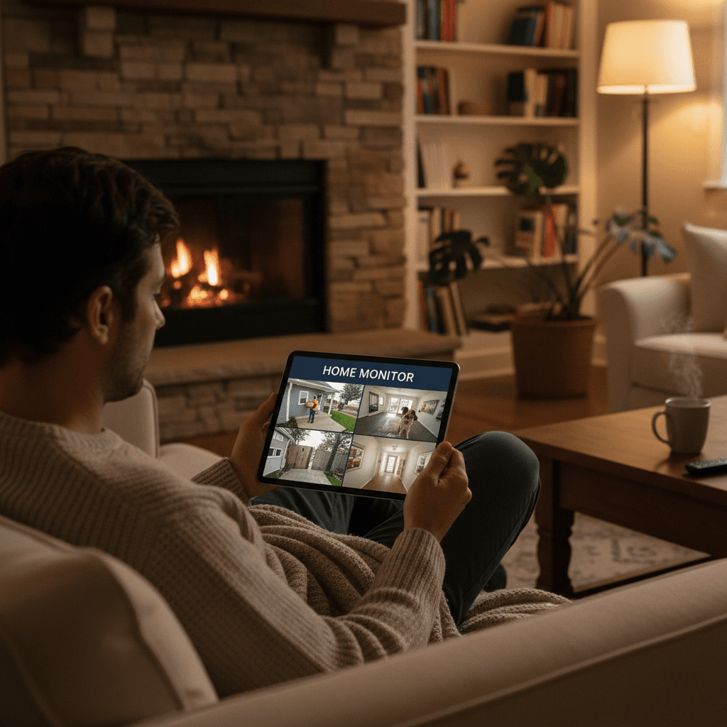 Homeowner viewing security footage on tablet device