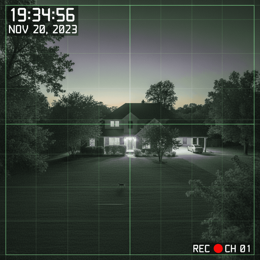 Night vision security camera footage in dark conditions