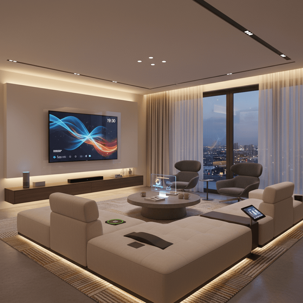 Modern living room with smart lighting automation
