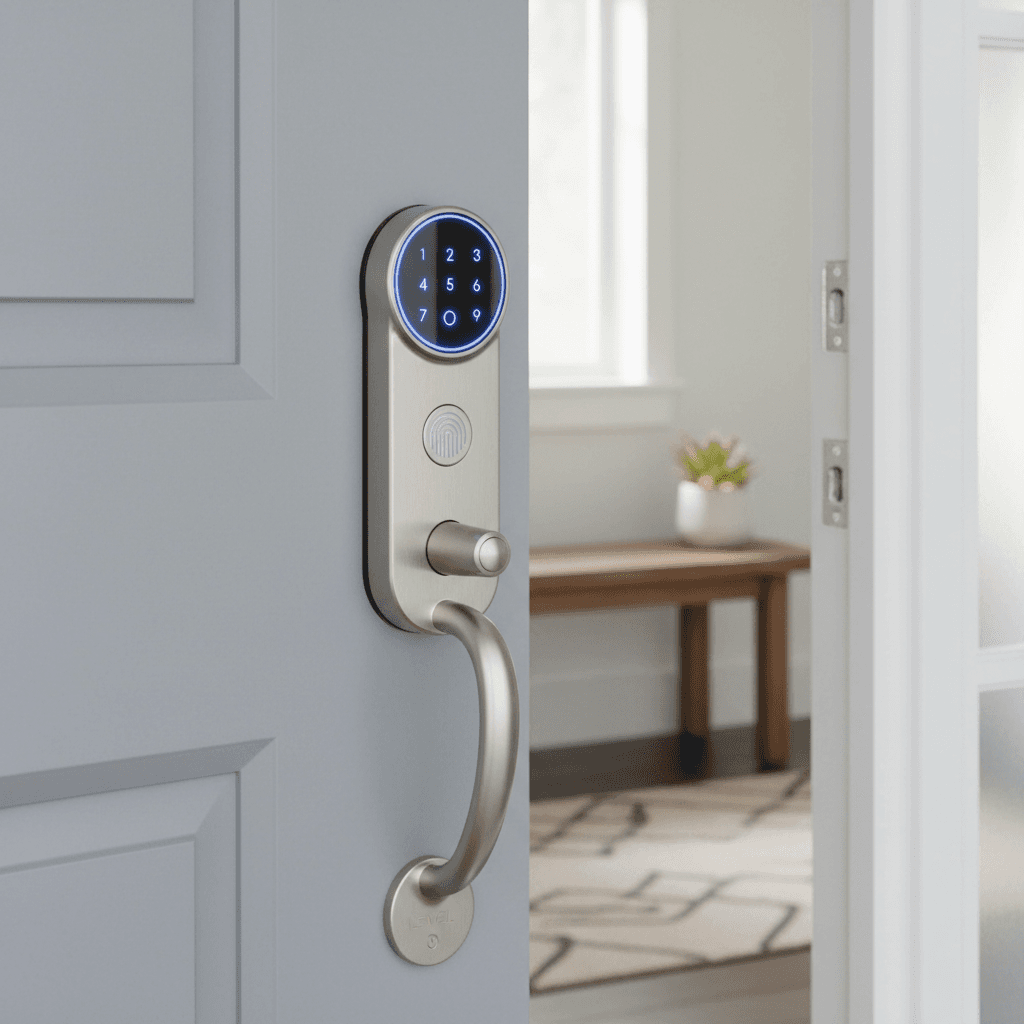 Keyless entry smart lock on residential front door