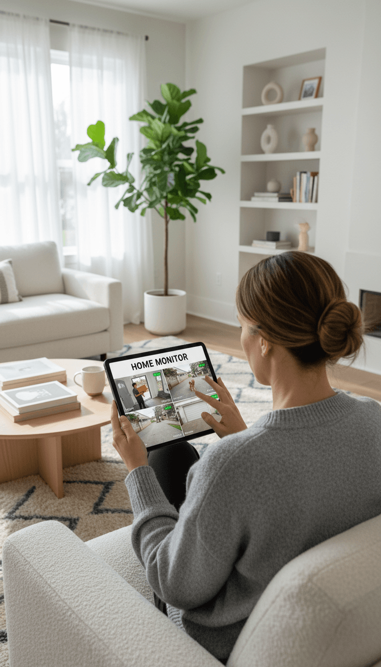 Homeowner viewing camera feed on tablet