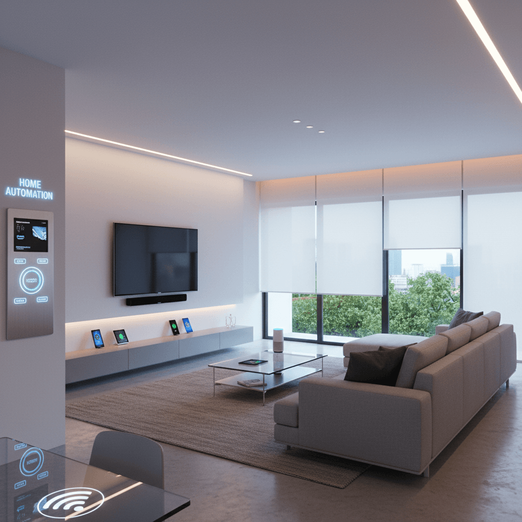 Modern smart home living room with integrated smart home technology