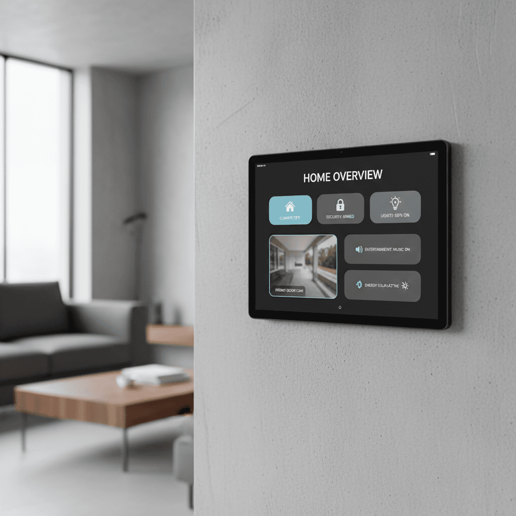 Smart home control panel displaying camera feeds