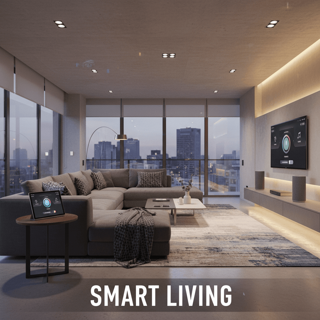 Modern smart home living room with integrated lighting and device control