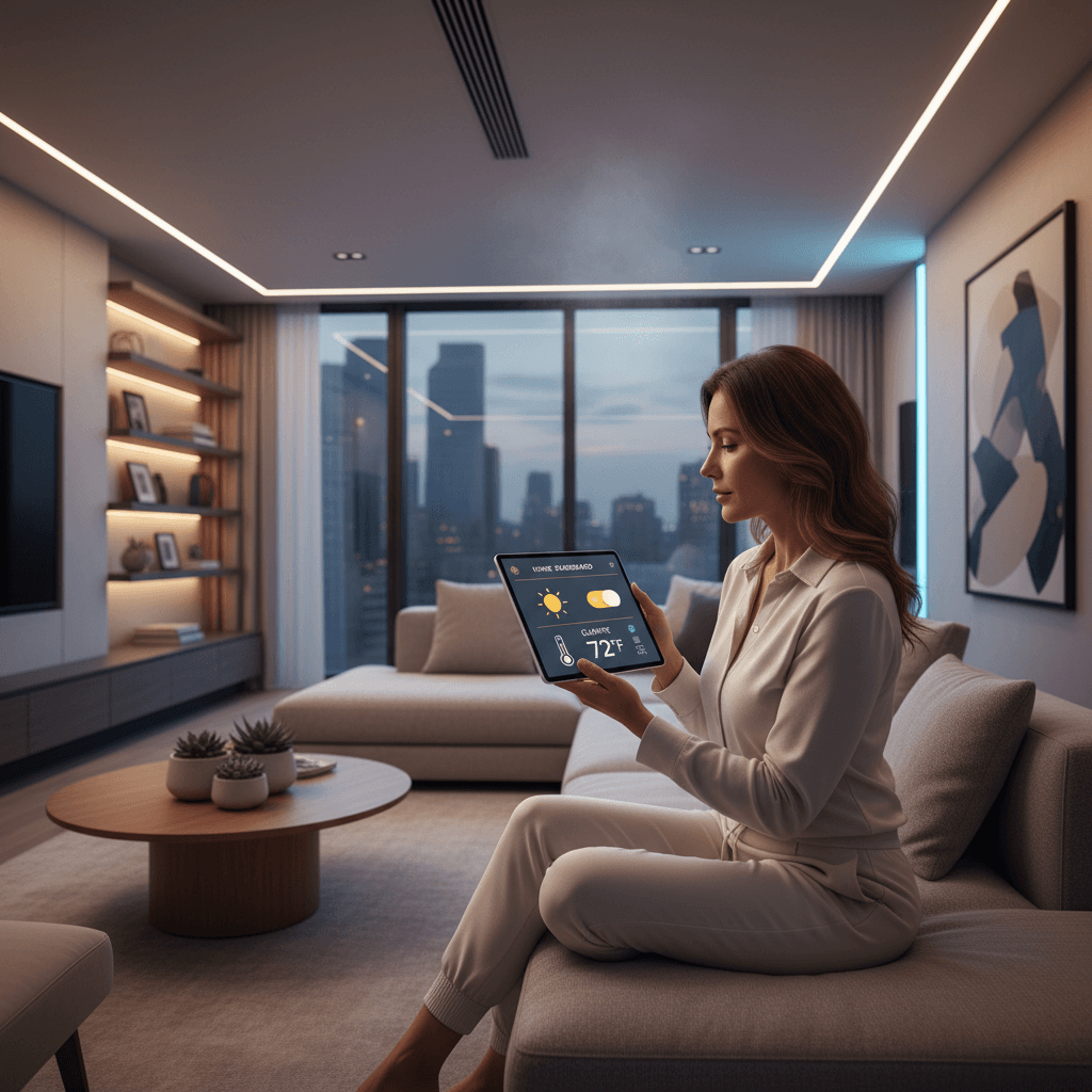 Homeowner using smart home app on tablet