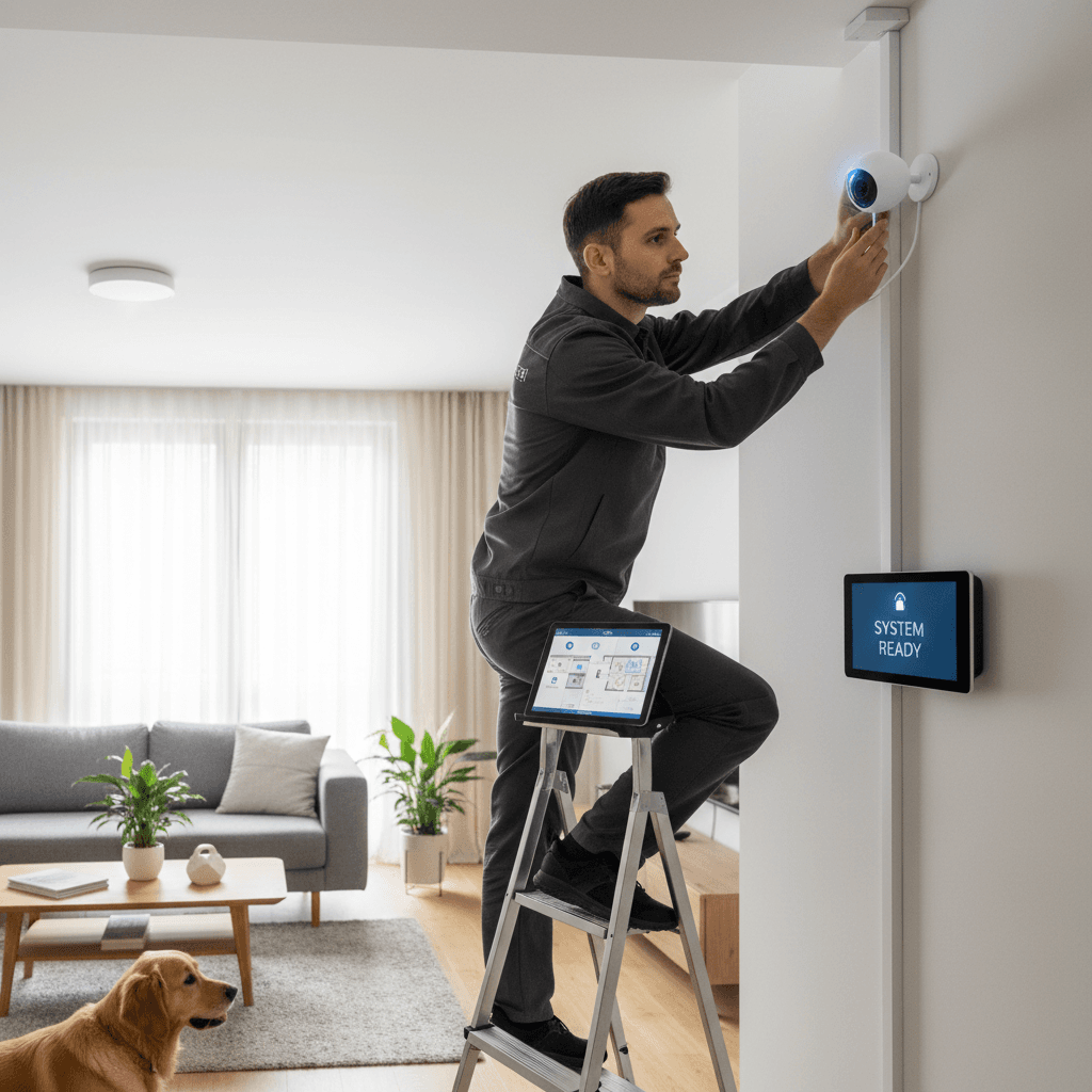 Technician installing and configuring security cameras