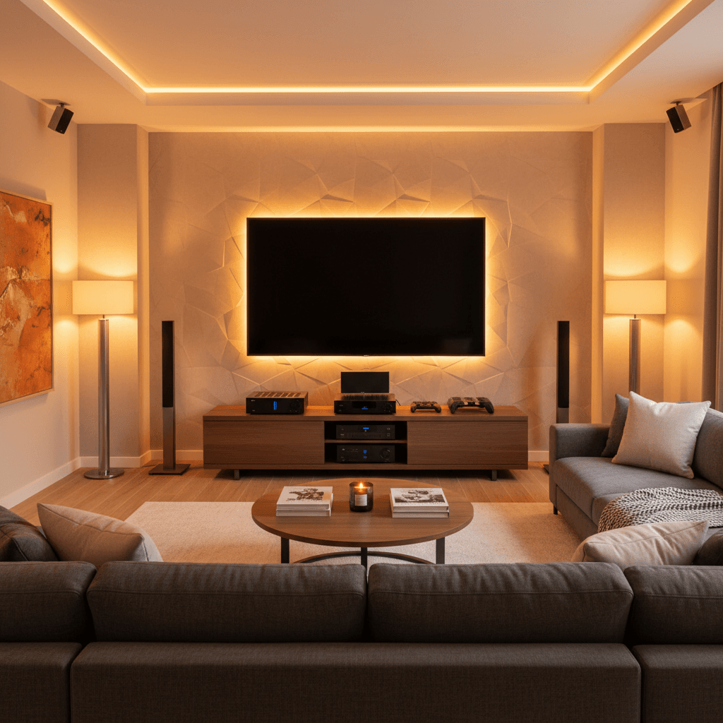 Modern living room with integrated whole-home audio speakers