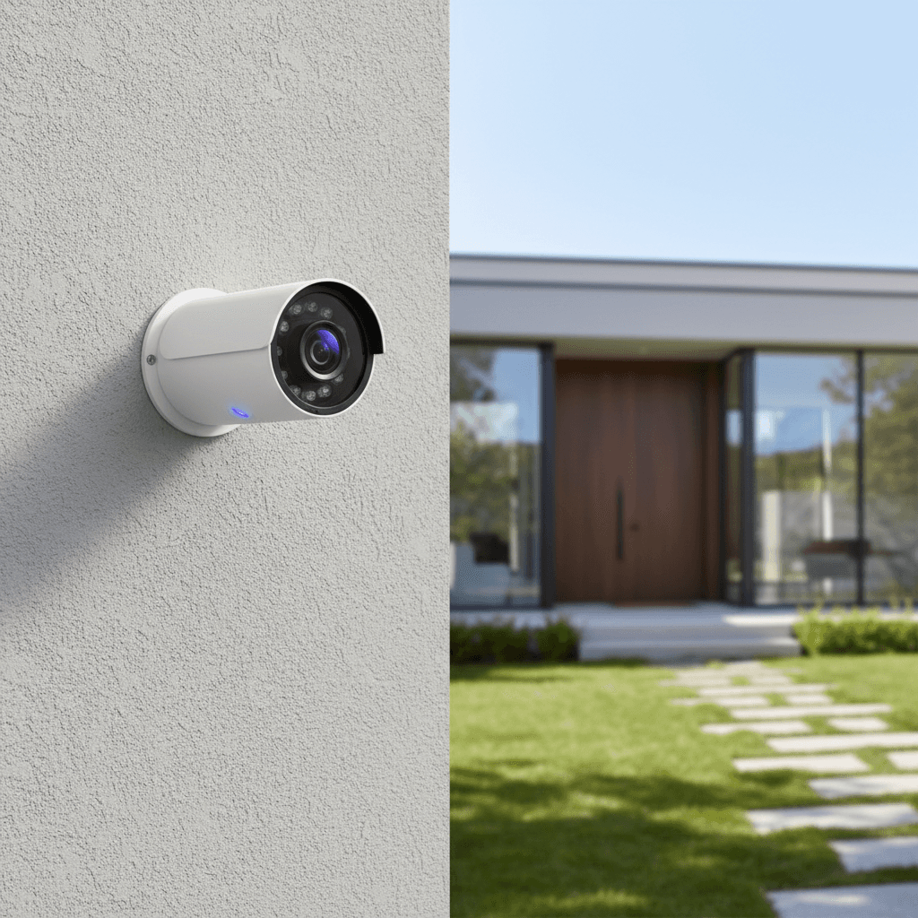 Wireless security camera installed on home exterior