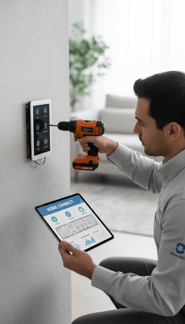 Smart home technician installing integrated device setup