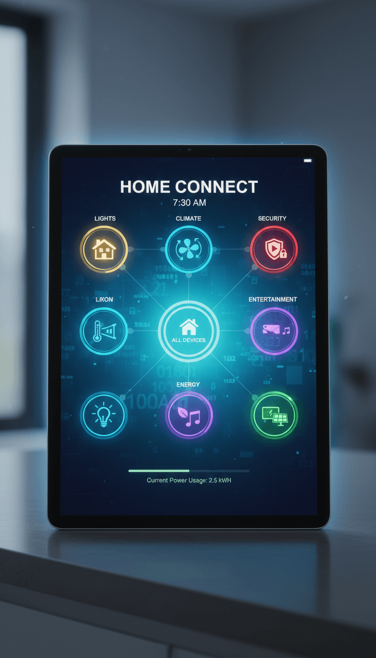 Smart home control interface on tablet showing integrated devices and automation settings