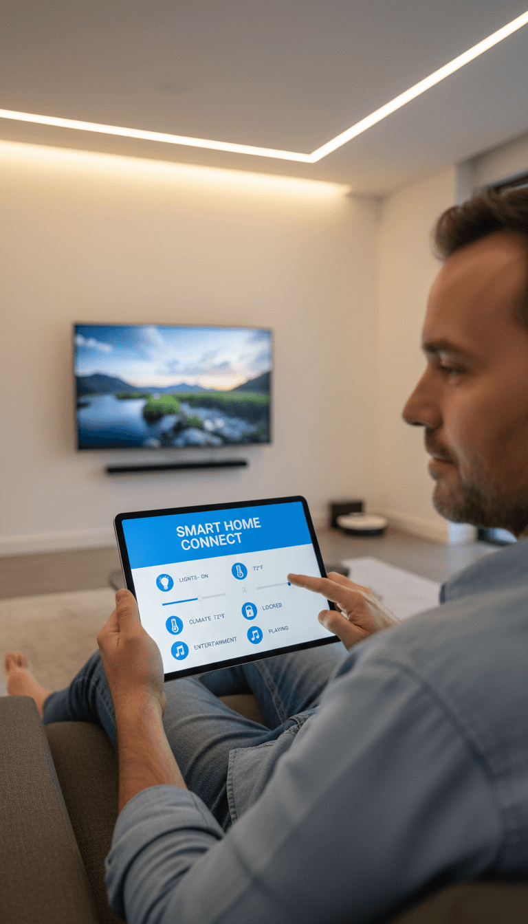 Person controlling smart home on tablet