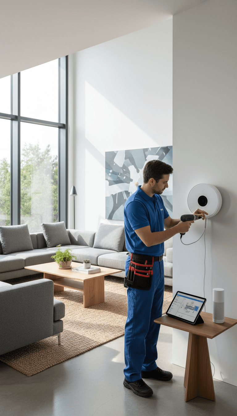 Professional technician setting up smart home system in a modern Naples home