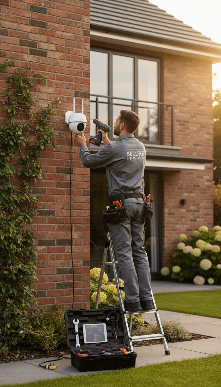 Technician installing security camera on home exterior