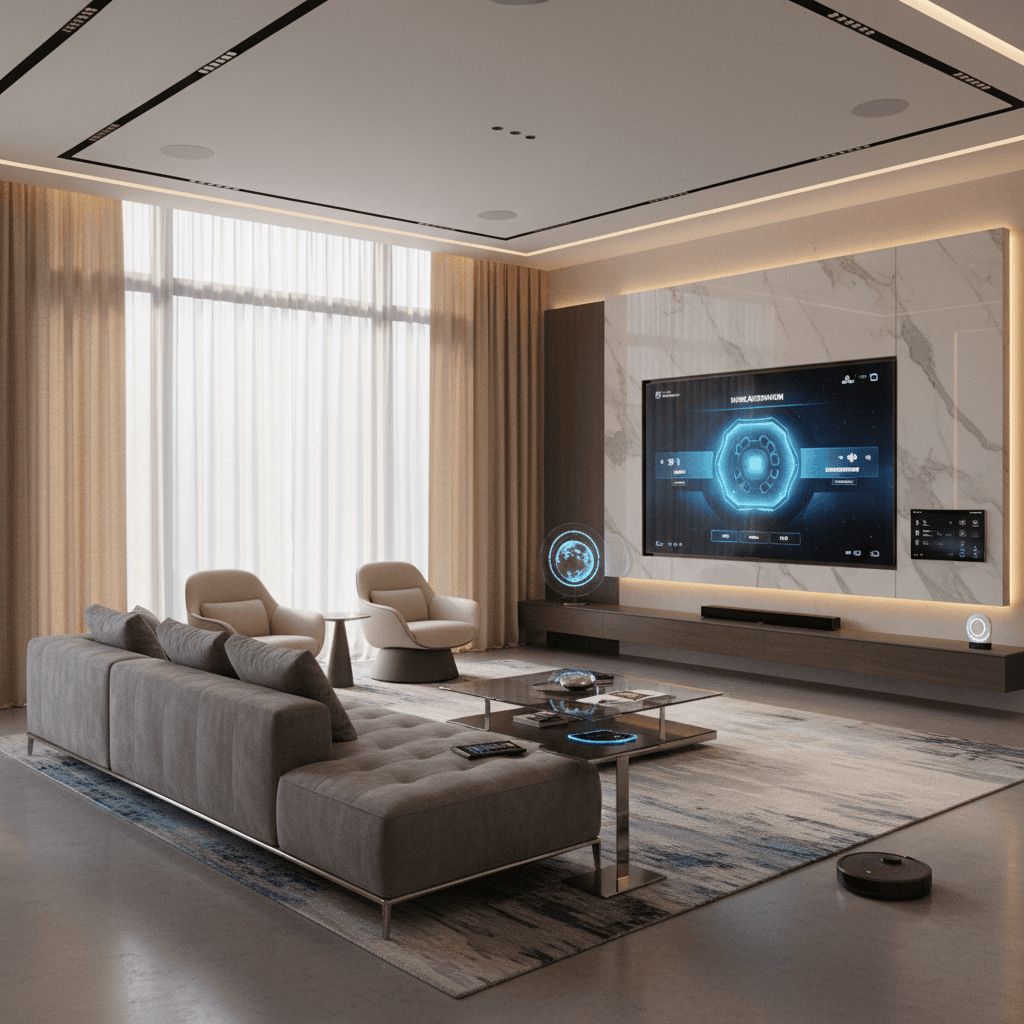 Modern smart home living room with integrated automation