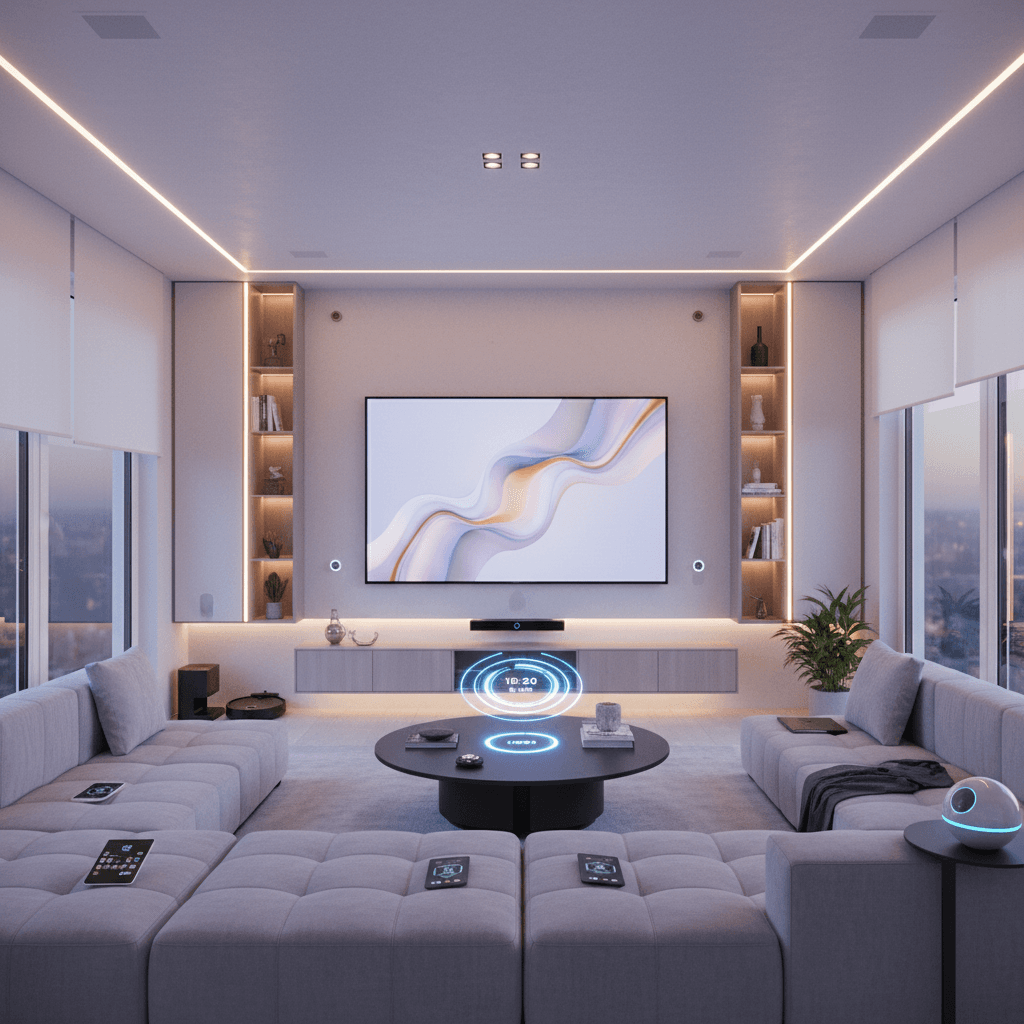 Smart home living room with integrated lighting and control systems
