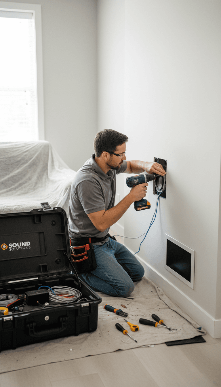 Technician installing speakers during whole-home audio setup