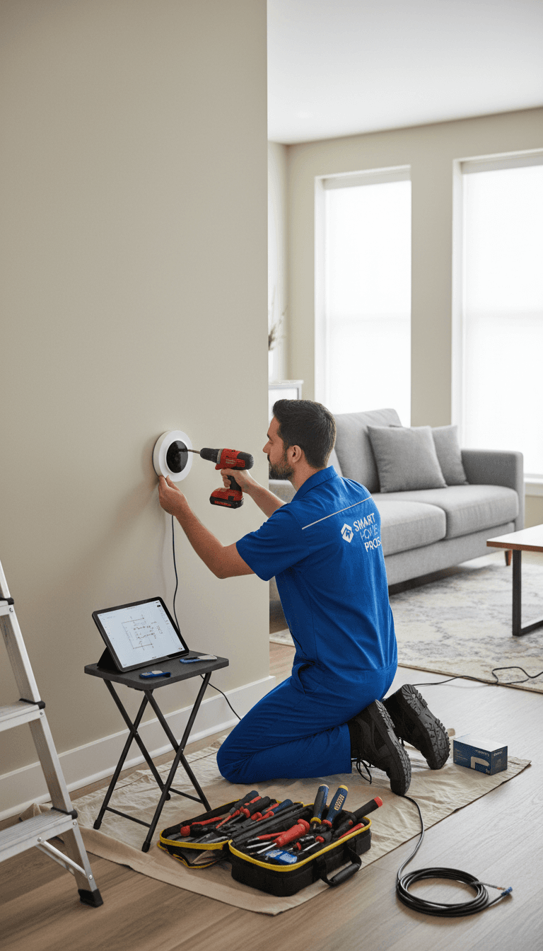 Technician installing smart home device during setup