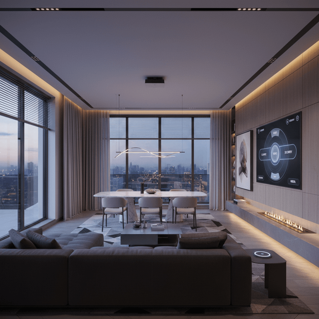 Modern smart home interior with integrated lighting and climate control