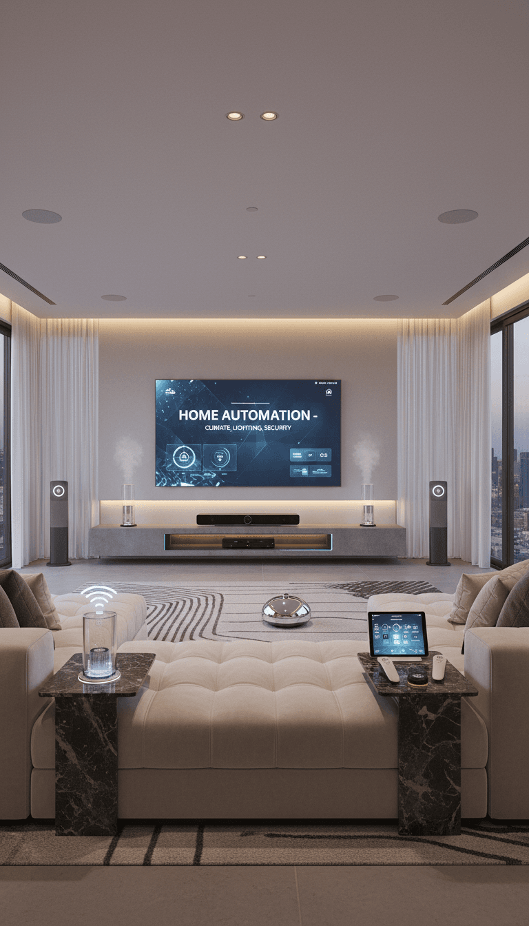 Luxury living room with smart home automation system