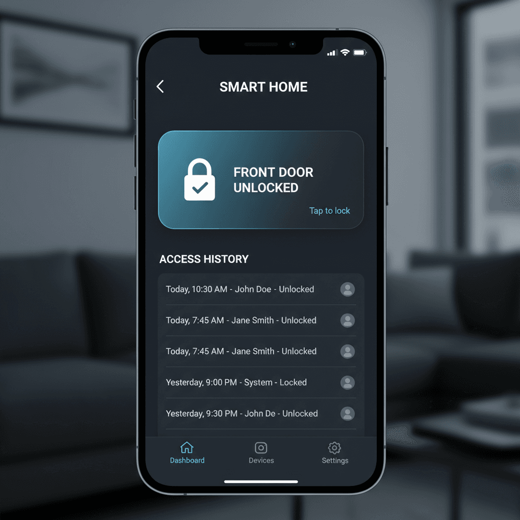 Smart lock mobile app monitoring interface on phone
