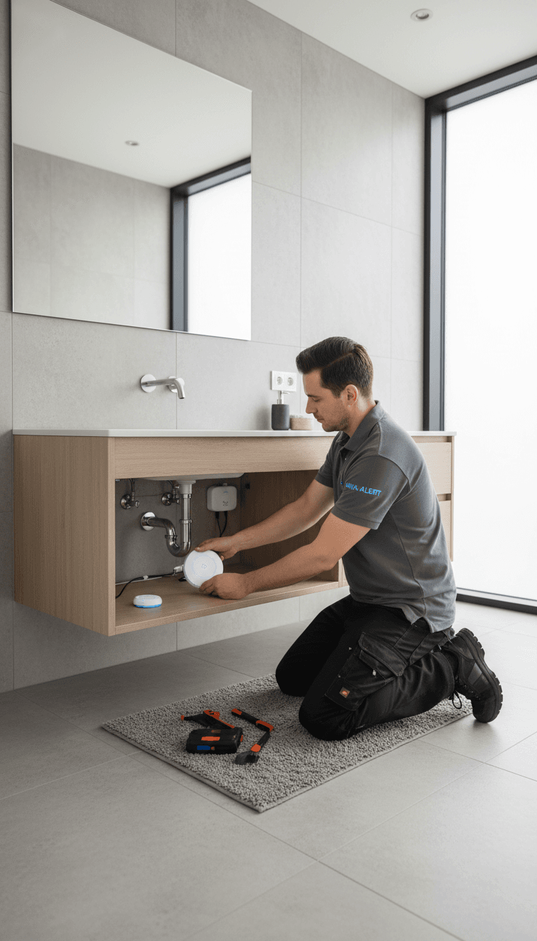 Water leak sensor installed under bathroom sink