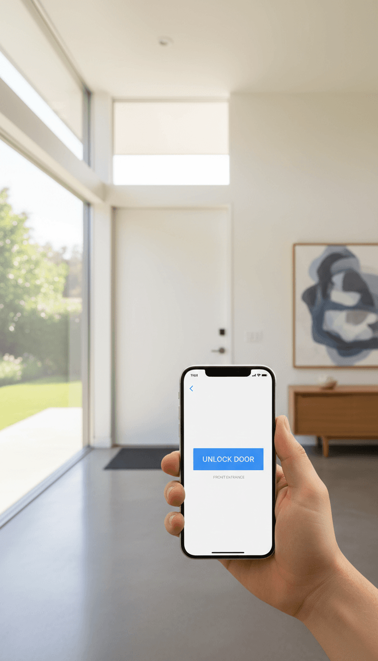 Homeowner controlling smart lock from mobile phone