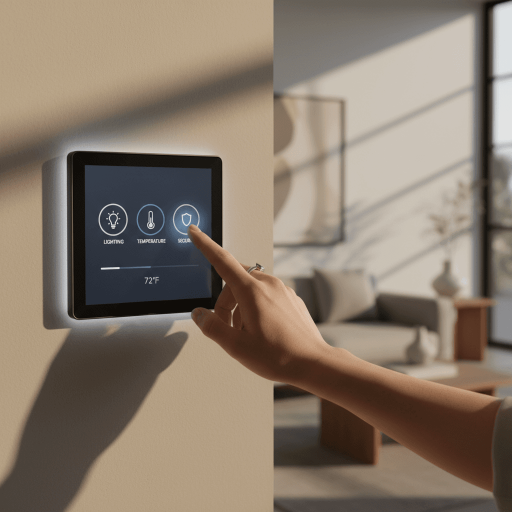 Homeowner interacting with smart home control panel