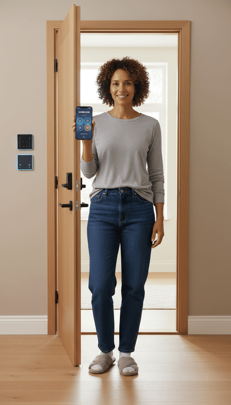 Homeowner controlling smart home system via smartphone in Corkscrew area